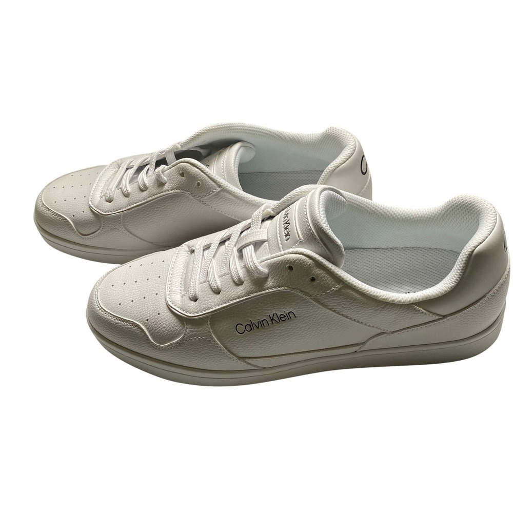Calvin Klein Mens White Faux Leather Lace Up Sneakers Low Top CK Logo 10.5 NWOB
